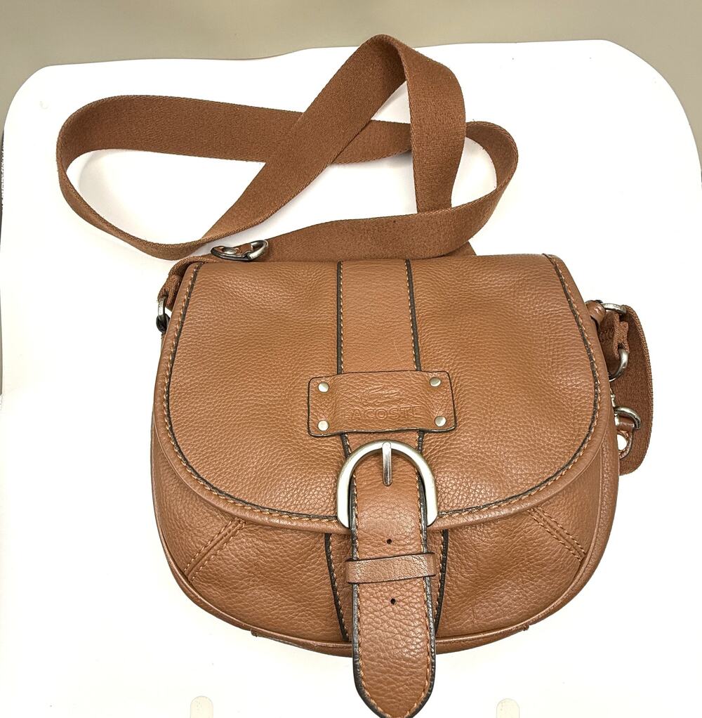 Lacoste saddle-style brown leather crossbody bag